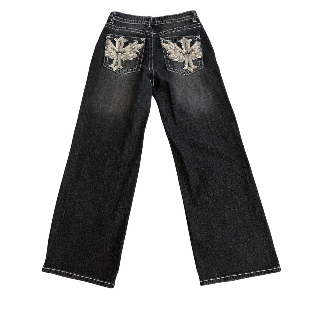 Disclosure Wide Leg Jeans Womens 9/29 Black Dark Wash Cross Wing Embellished Y2K